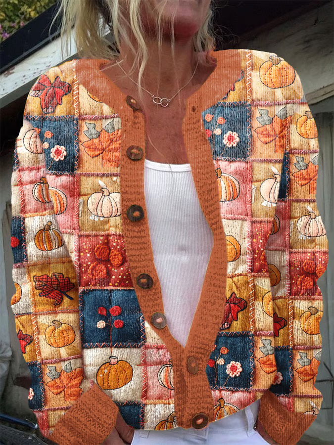 Women's Thanksgiving Pumpkin Maple Leaf Print Knit Sweater