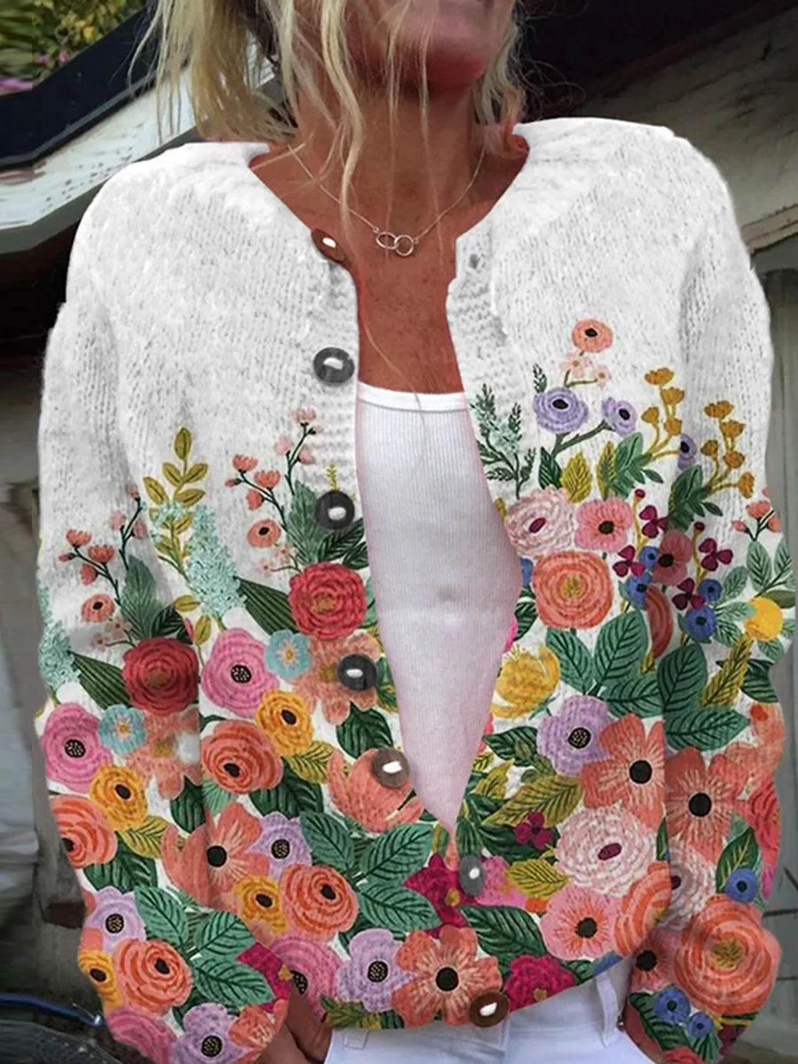 Floral Print Buttoned Casual Cardigan Sweater