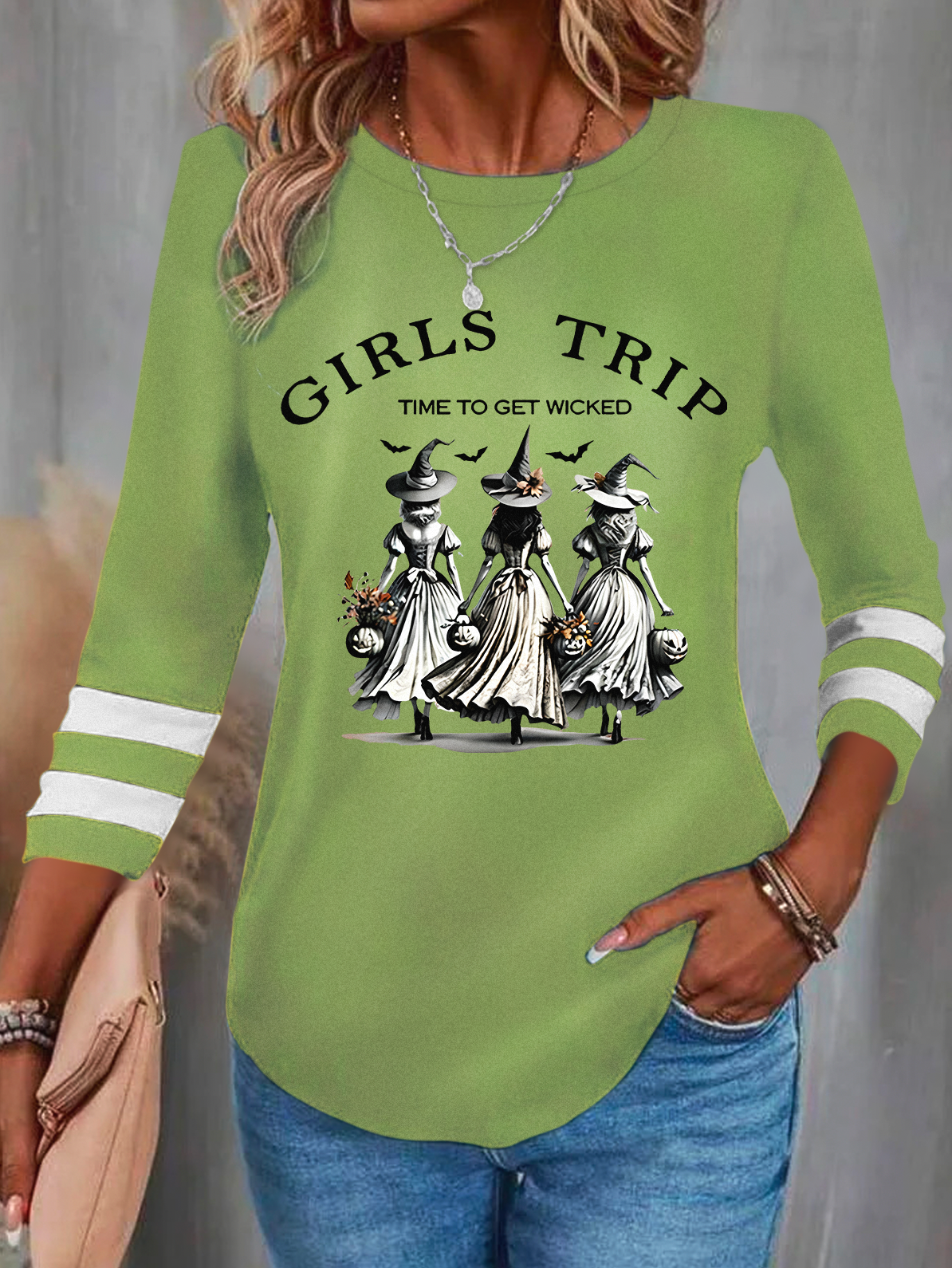 Women's Funny Halloween Witches Girls Trip Time To Get Wicked Casual Long Sleeve Shirt