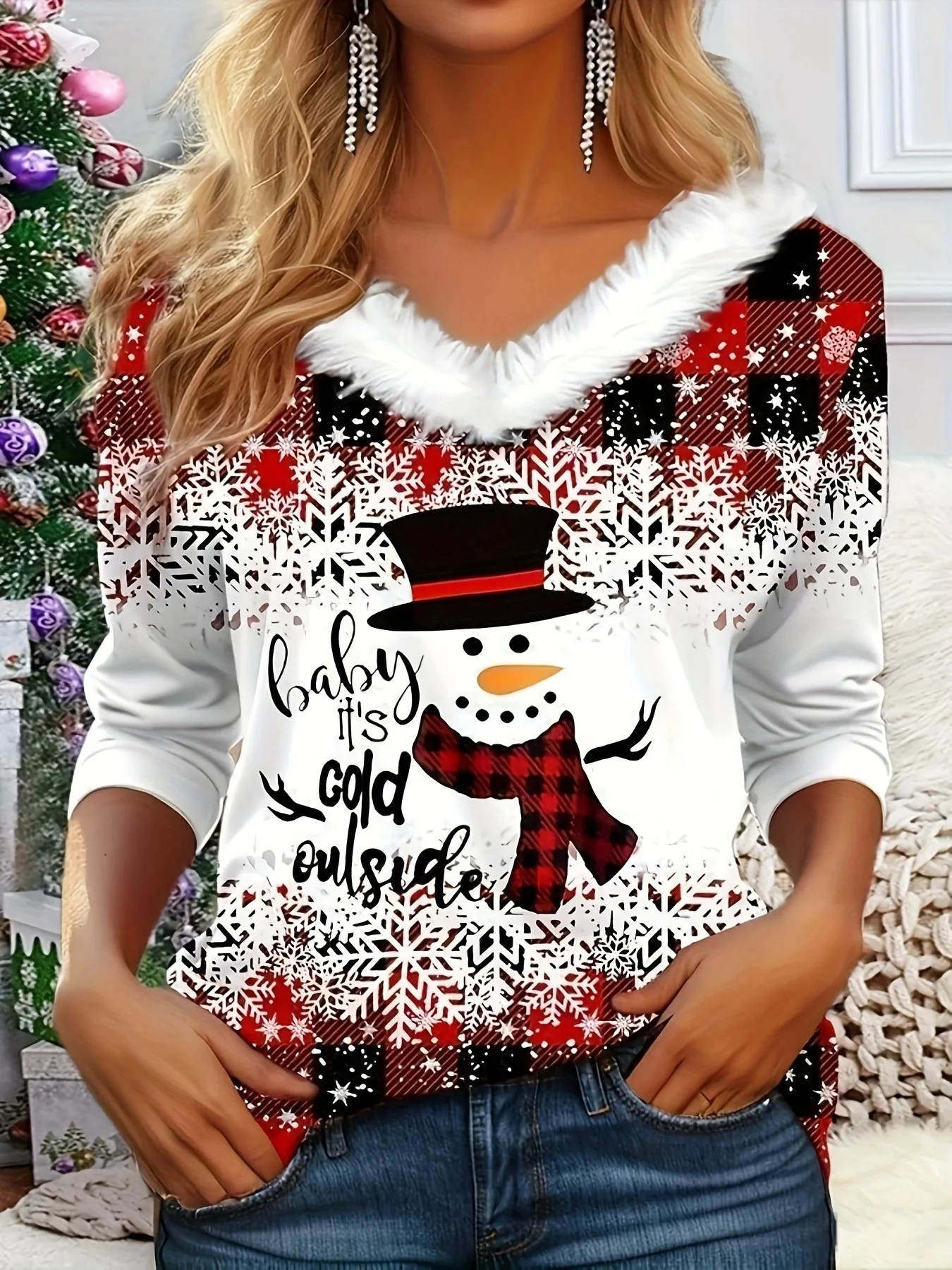 Loose Christmas Casual V Neck Blouse