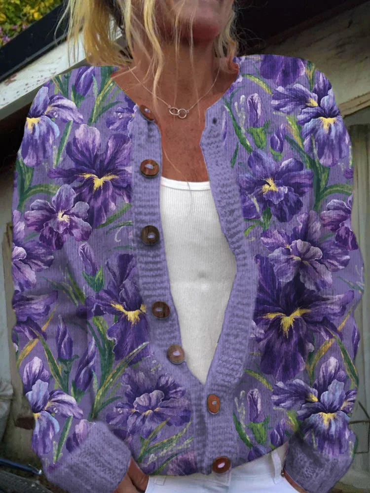 Women's Alzheimer's Awareness Purple Floral Art Print Sweater Cardigan