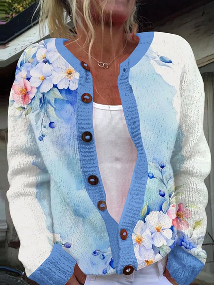 Knitted Crew Neck Floral Casual Cardigan