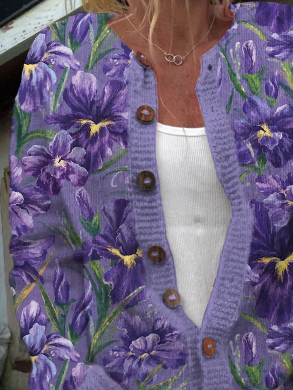 Women's Alzheimer's Awareness Purple Floral Art Print Sweater Cardigan