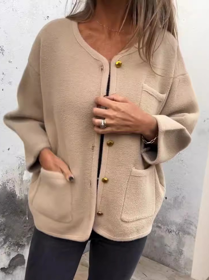 Loose Casual Buckle Crew Neck Teddy Jacket