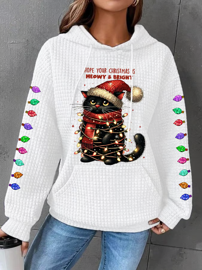 Women's Hope Your Christmas Is Meowy And Bright Casual Waffle Hoodie