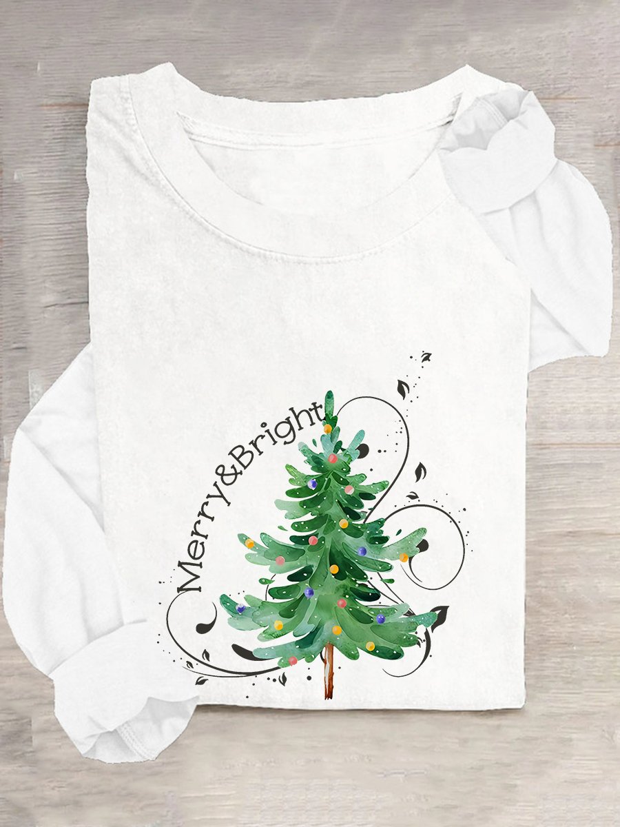 Merry And Bright Christmas Tree🎄 Print Casual Long Sleeve Shirt