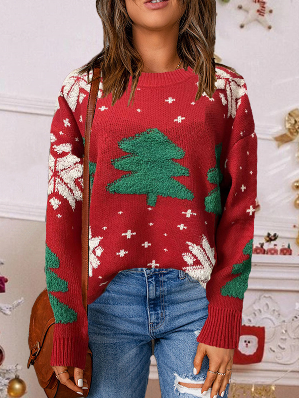 Casual Christmas Tree Loose Crew Neck Sweater