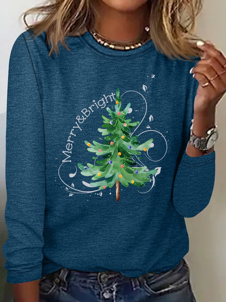 Merry And Bright Christmas Tree🎄 Print Casual Long Sleeve Shirt