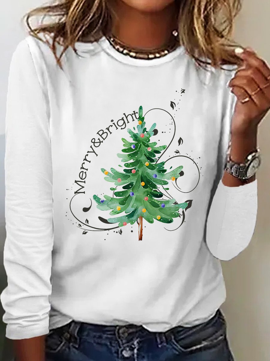 Merry And Bright Christmas Tree🎄 Print Casual Long Sleeve Shirt