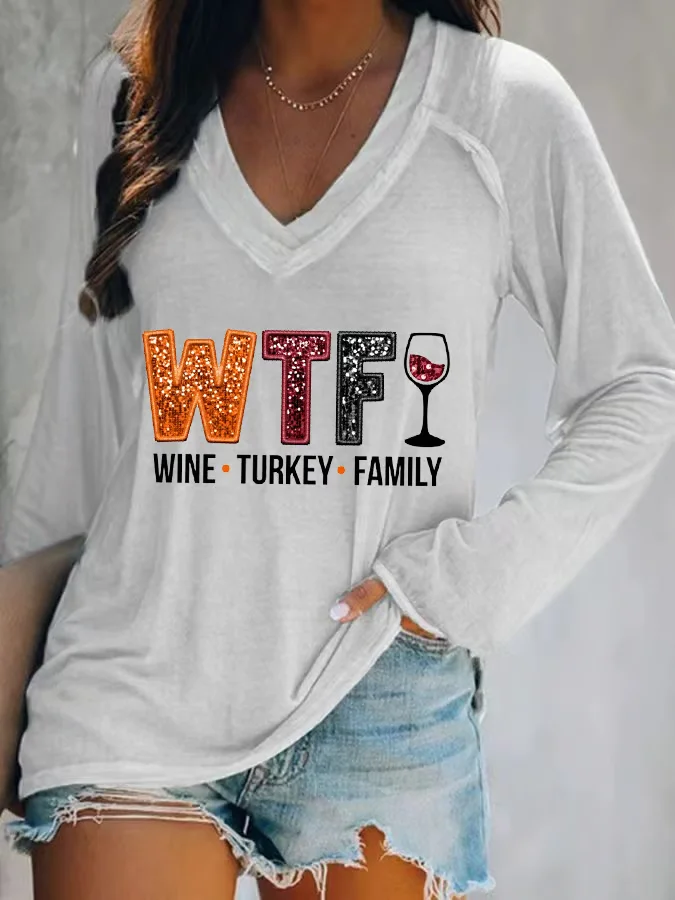 Women's WTF Wine Turkey Family Print V Neck T-Shirt