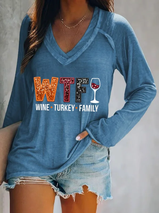 Women's WTF Wine Turkey Family Print V Neck T-Shirt