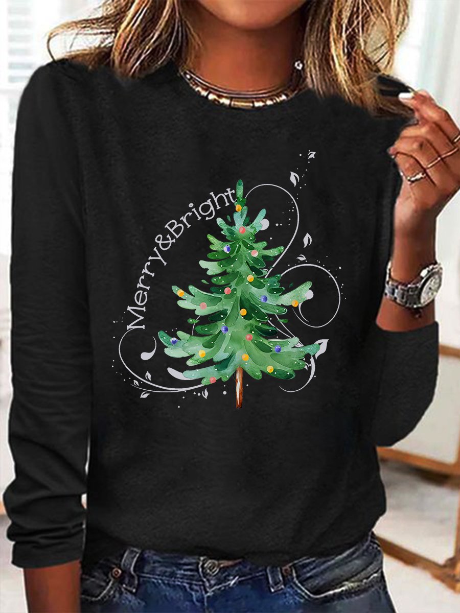 Merry And Bright Christmas Tree🎄 Print Casual Long Sleeve Shirt