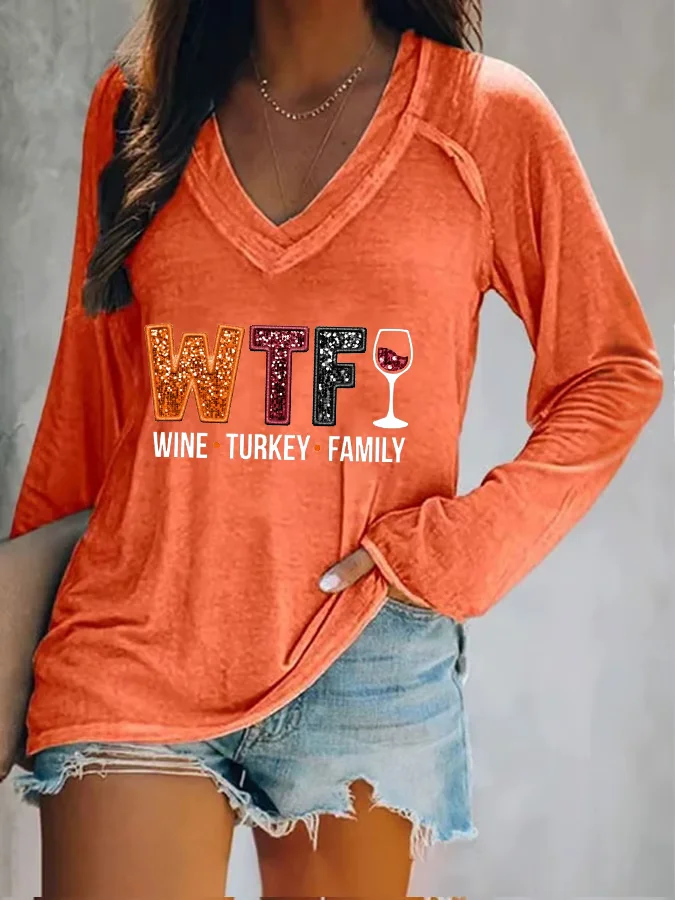 Women's WTF Wine Turkey Family Print V Neck T-Shirt