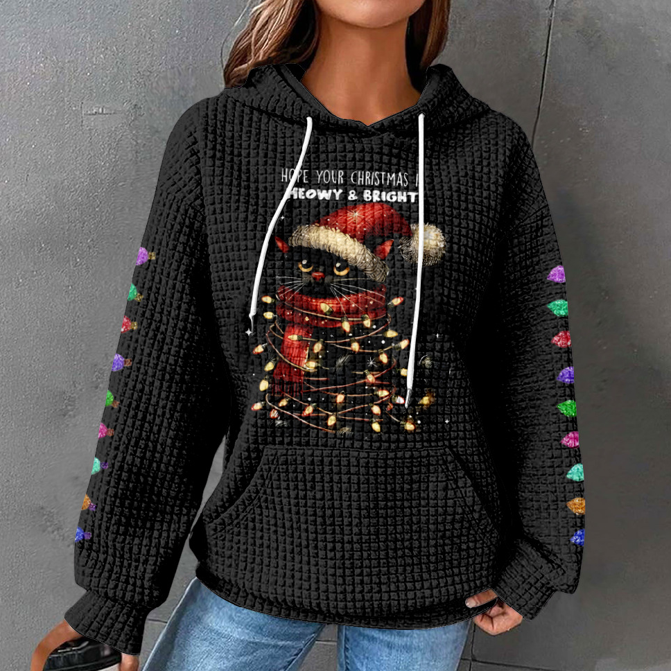 Women's Hope Your Christmas Is Meowy And Bright Casual Waffle Hoodie