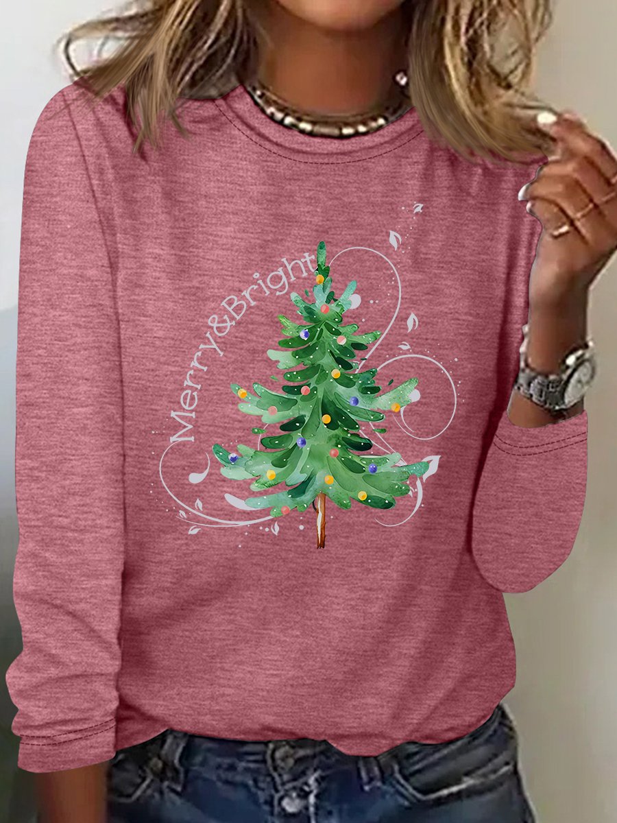 Merry And Bright Christmas Tree🎄 Print Casual Long Sleeve Shirt