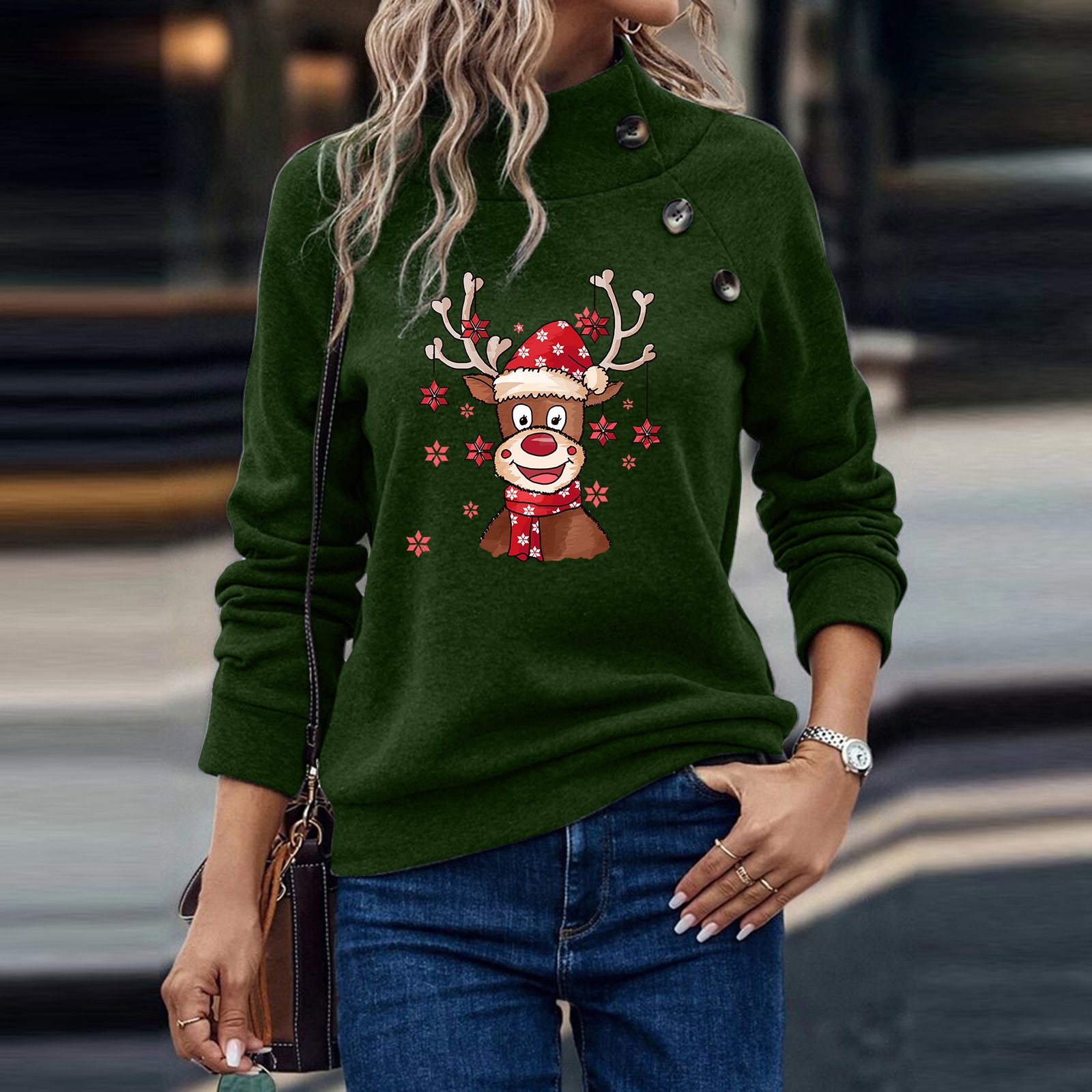 Christmas Elk Mock Neck Casual Loose Sweatshirt