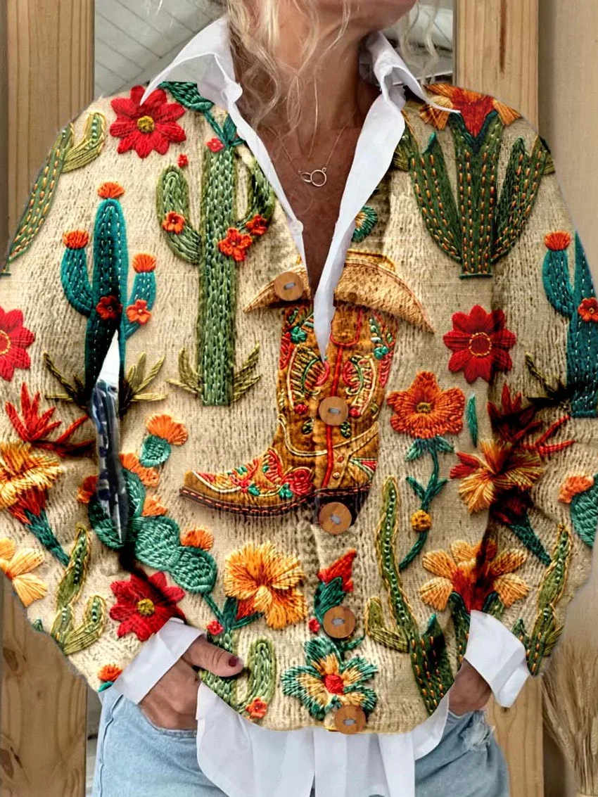 Cactus Print Buttoned Cardigan Sweater