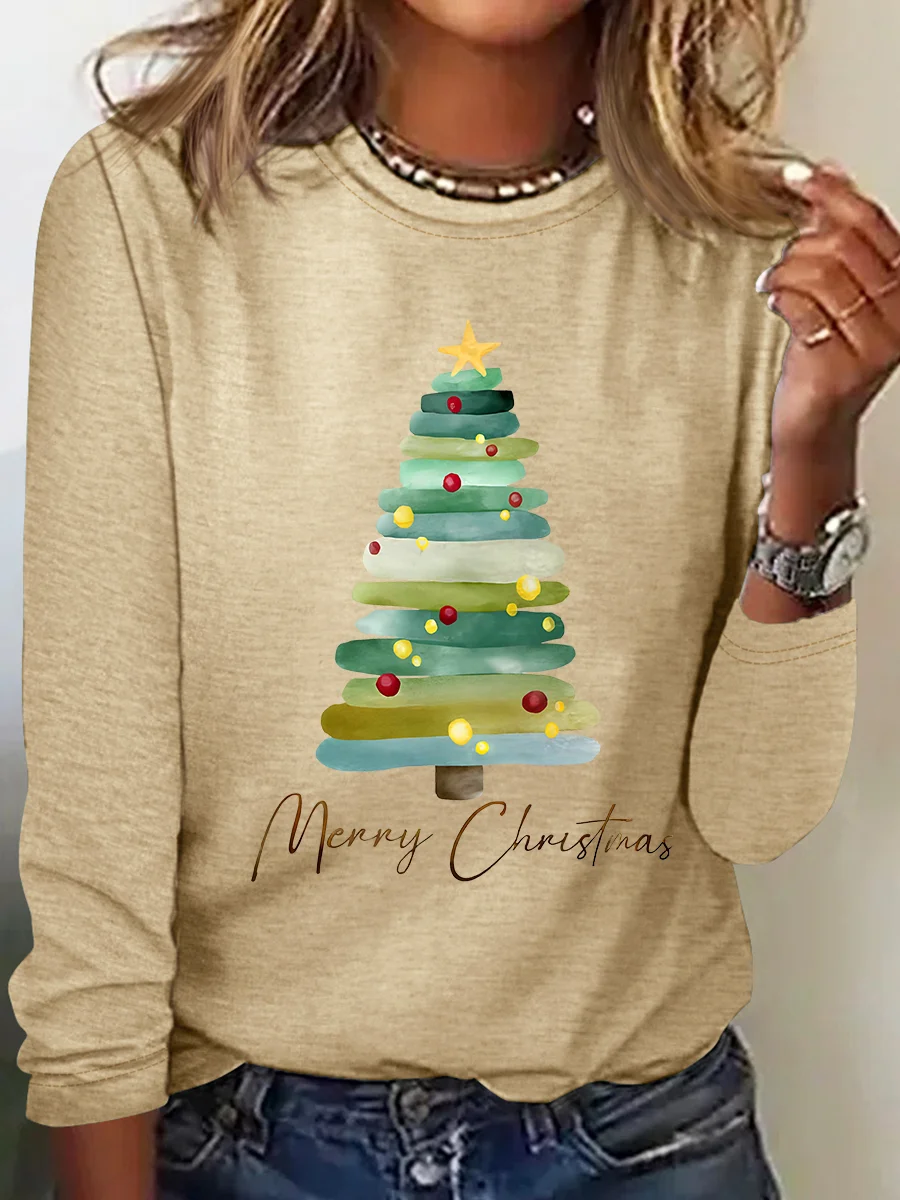 Merry Christmas Tree Print Casual Long Sleeve Shirt