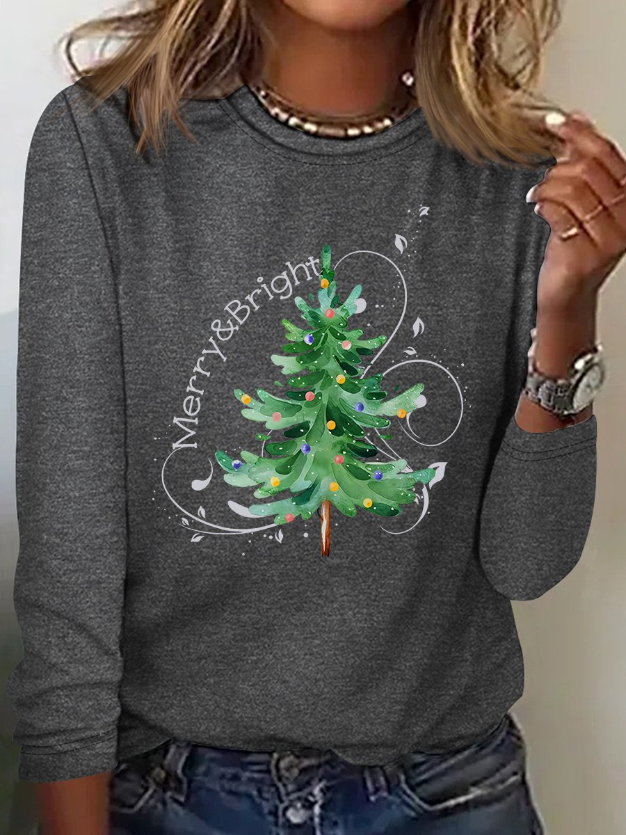 Merry And Bright Christmas Tree🎄 Print Casual Long Sleeve Shirt