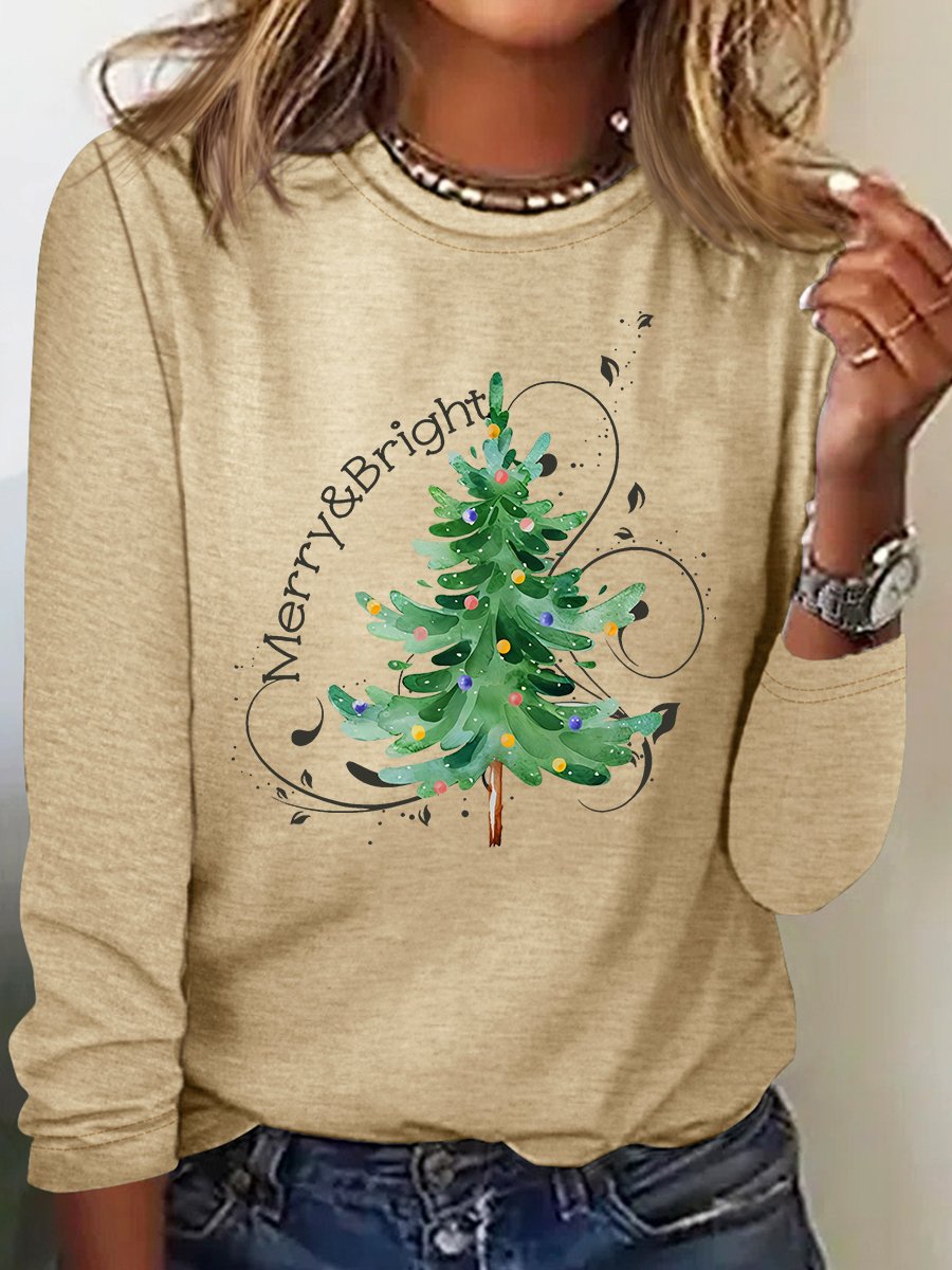 Merry And Bright Christmas Tree🎄 Print Casual Long Sleeve Shirt