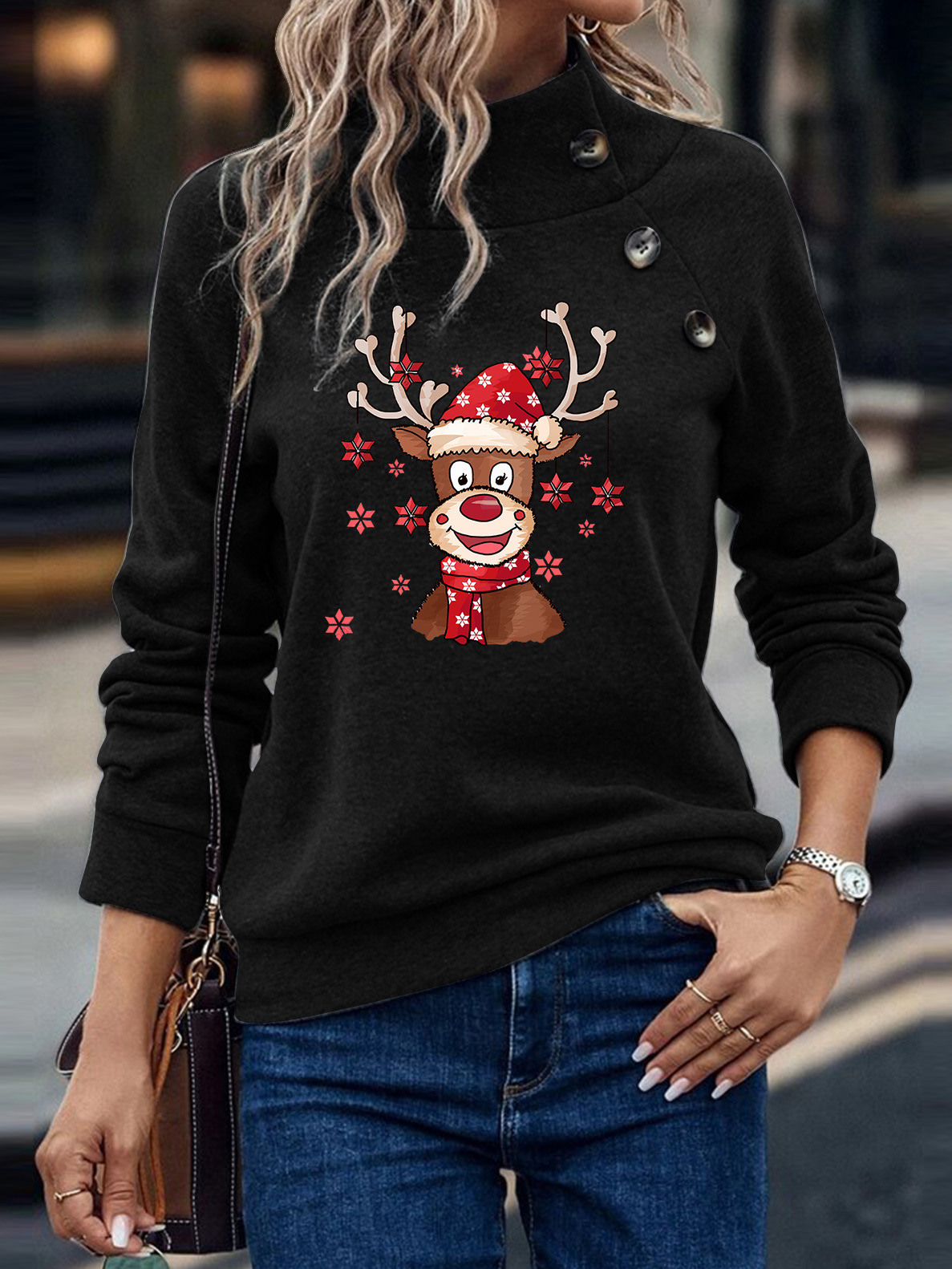 Christmas Elk Mock Neck Casual Loose Sweatshirt