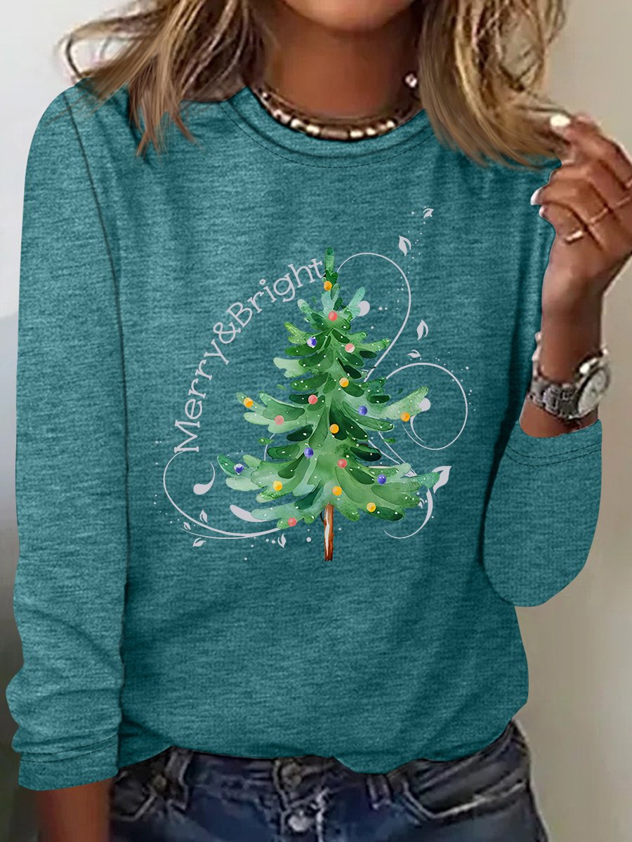 Merry And Bright Christmas Tree🎄 Print Casual Long Sleeve Shirt