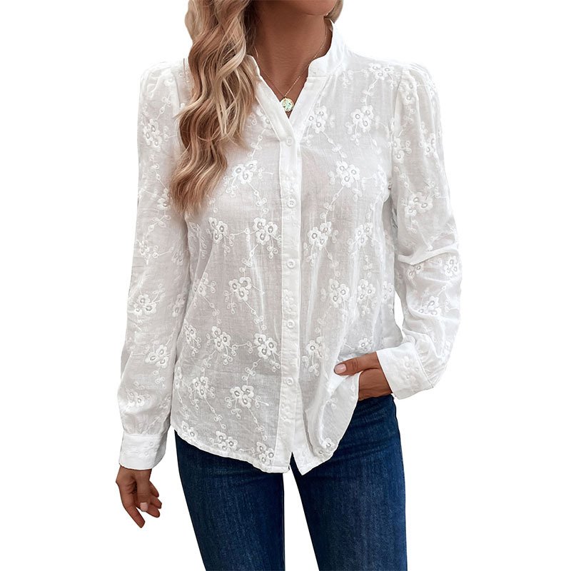 Women's Long Sleeve Shirt Spring/Fall White Plain Buckle Crew Neck Daily Going Out Casual Top