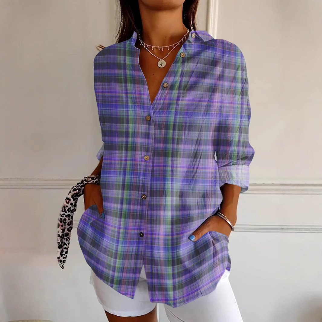 Women's Purple Art Plaid Print Casual Long Sleeve Shirt