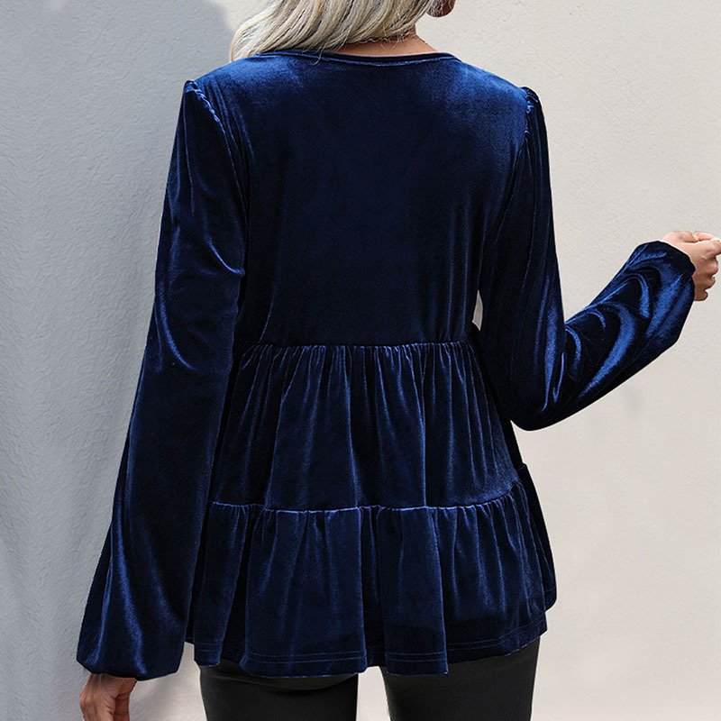 Women's Long Sleeve Blouse Spring/Fall Purplish blue Plain Velvet V Neck Daily Going Out Casual Top