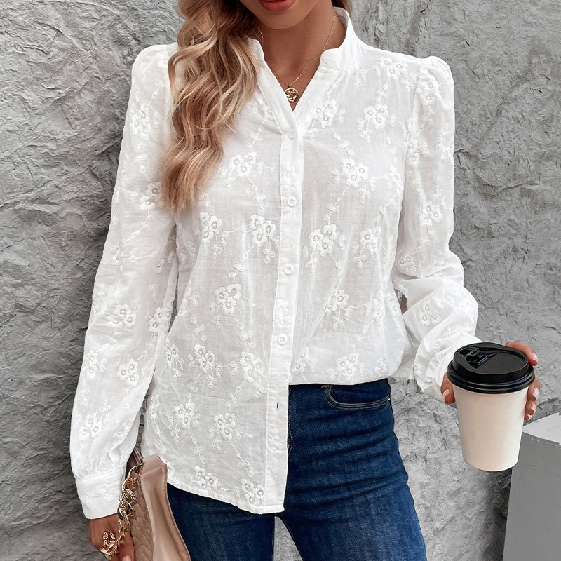 Women's Long Sleeve Shirt Spring/Fall White Plain Buckle Crew Neck Daily Going Out Casual Top