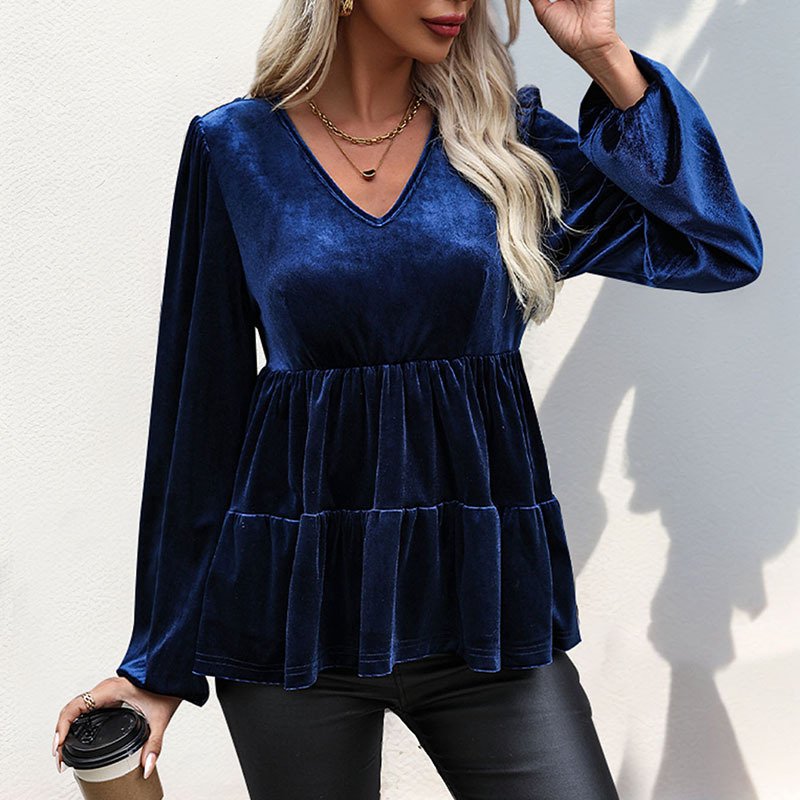 Women's Long Sleeve Blouse Spring/Fall Purplish blue Plain Velvet V Neck Daily Going Out Casual Top