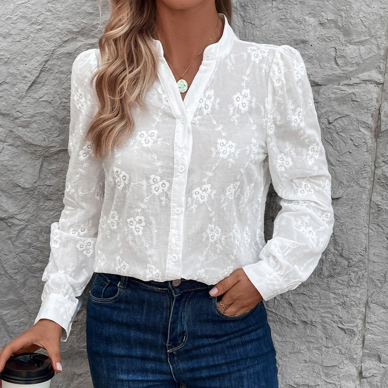 Women's Long Sleeve Shirt Spring/Fall White Plain Buckle Crew Neck Daily Going Out Casual Top