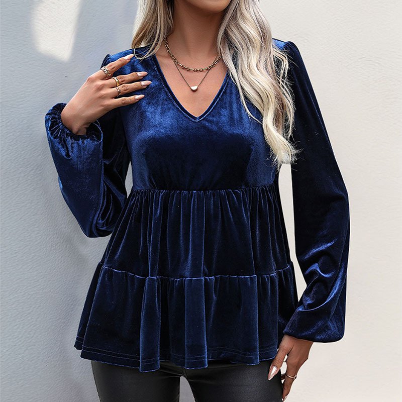 Women's Long Sleeve Blouse Spring/Fall Purplish blue Plain Velvet V Neck Daily Going Out Casual Top