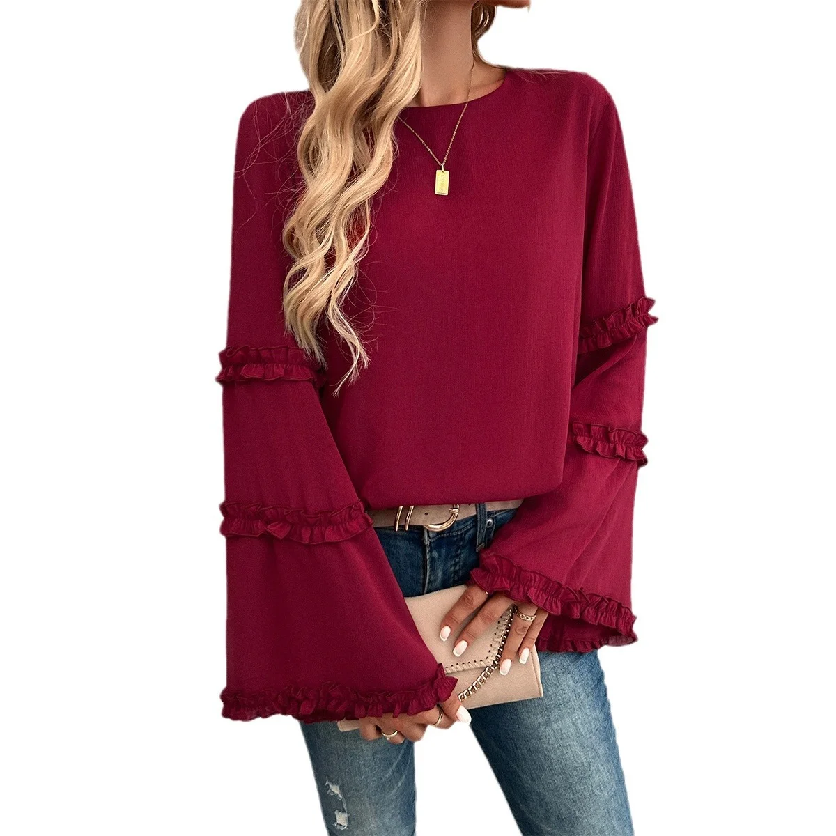 Women's Long Sleeve Blouse Spring/Fall Black Plain Peplum V Neck Bell Sleeve Daily Going Out Top