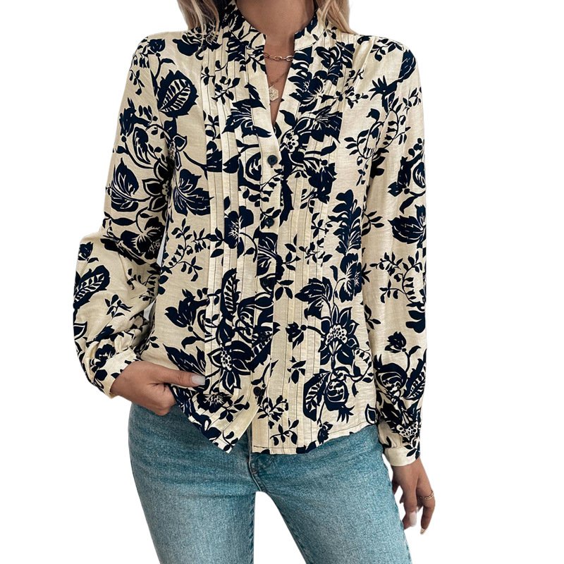 Women's Long Sleeve Shirt Spring/Fall Purplish blue Floral Buckle Stand Collar Daily Going Out Casual Top