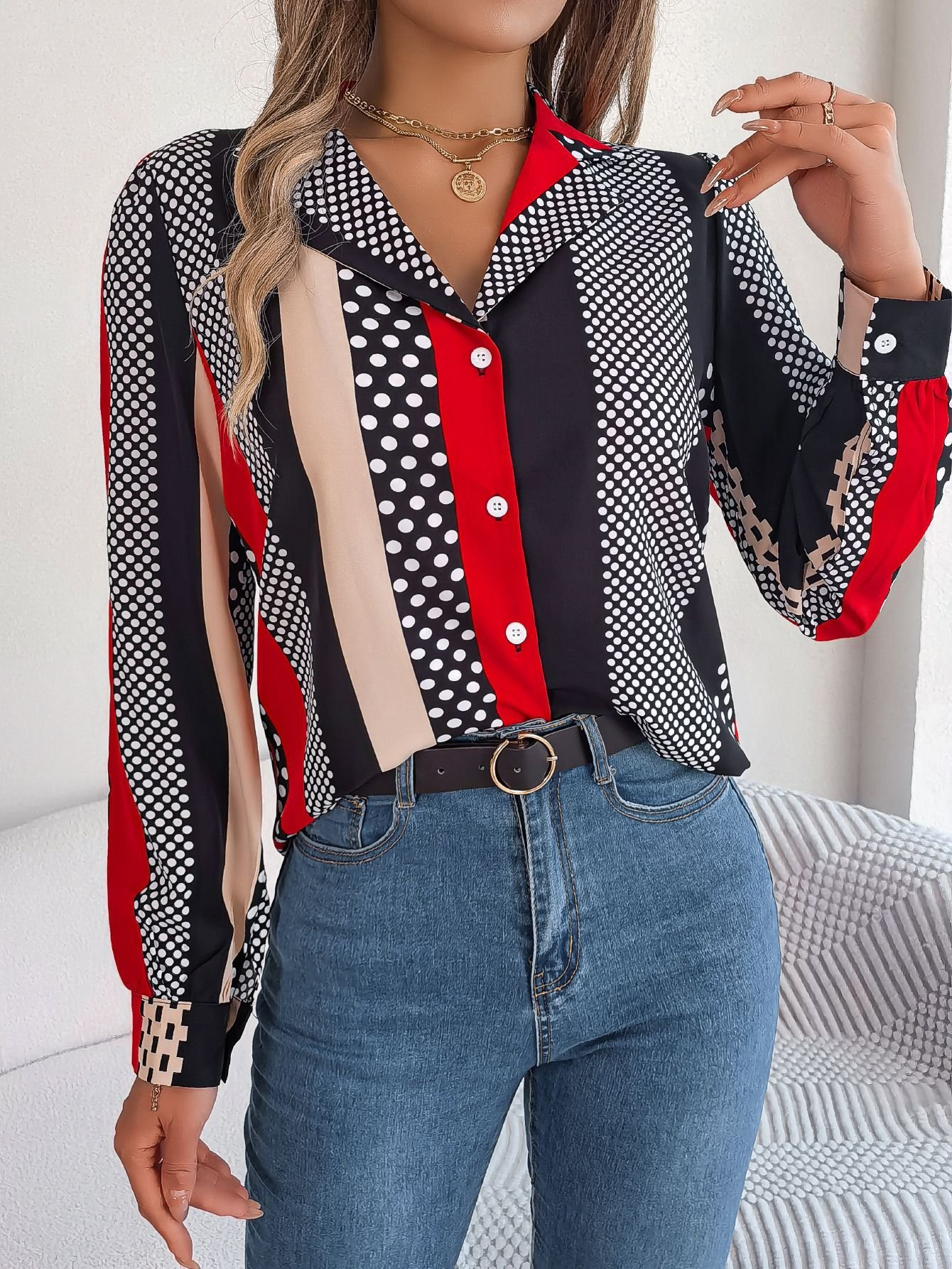 Women's Long Sleeve Shirt Spring/Fall Blue Geometric Shirt Collar Daily Going Out Casual Top