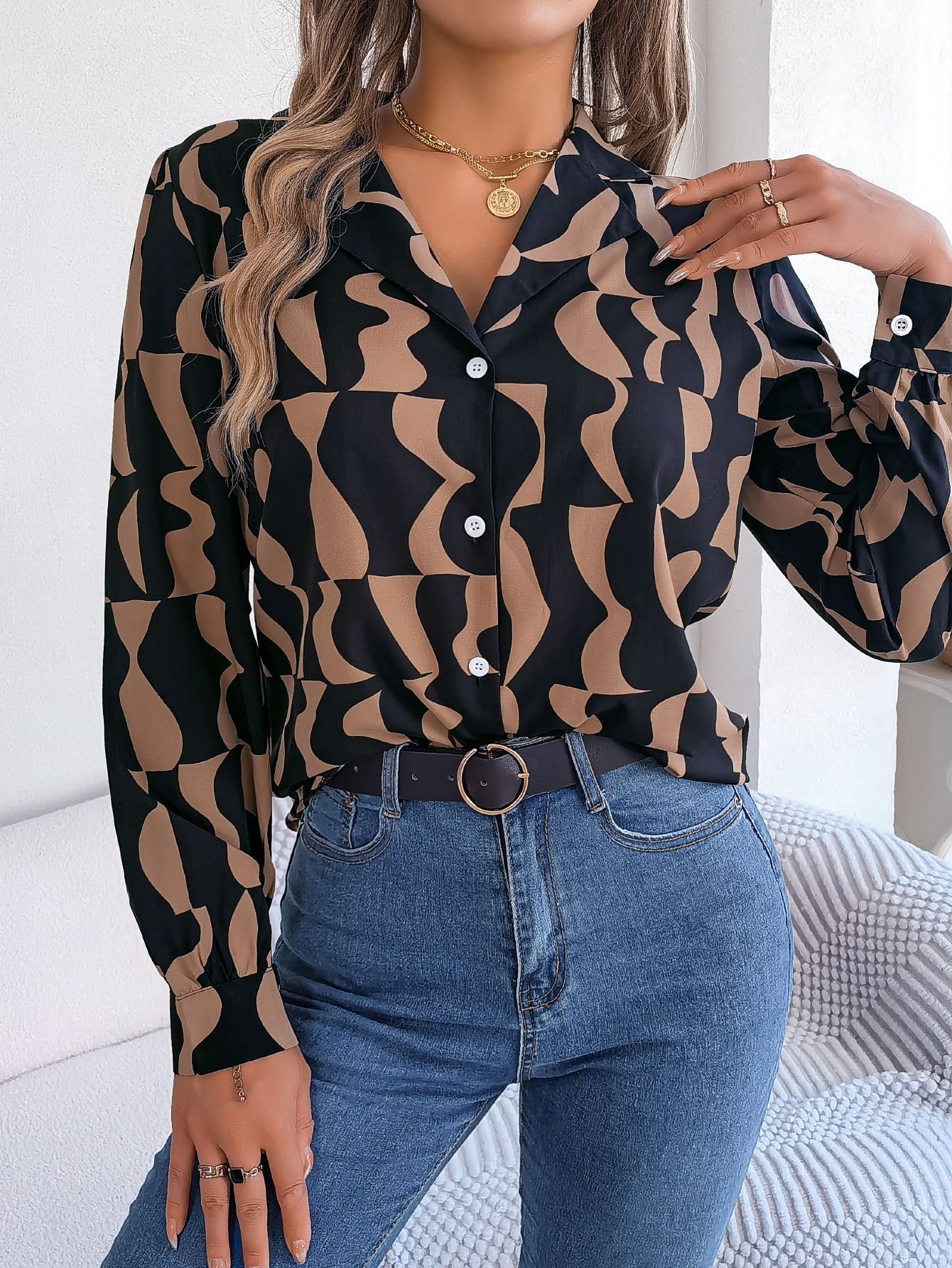 Women's Long Sleeve Shirt Spring/Fall Coffee Geometric Buckle Shirt Collar Daily Going Out Casual Top