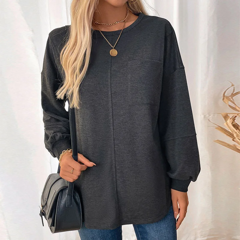 Women's Long Sleeve Blouse Spring/Fall Deep Gray Plain Knitted Crew Neck Daily Going Out Casual Top