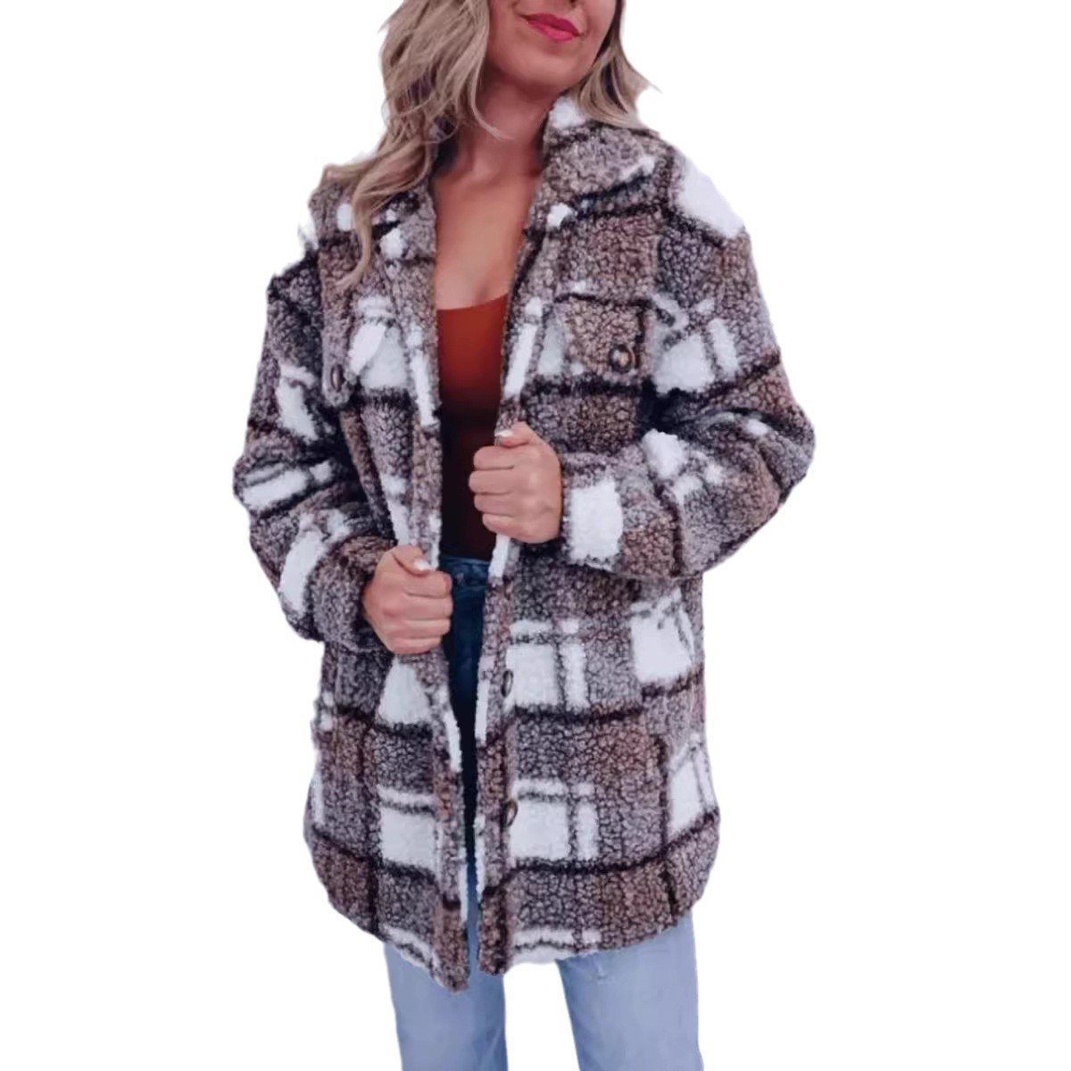 Plaid Casual Shawl Collar Teddy Velvet Jacket