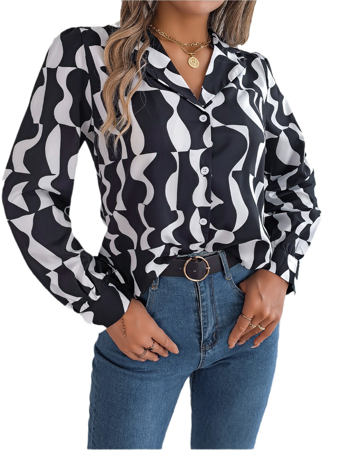 Women's Long Sleeve Shirt Spring/Fall Coffee Geometric Buckle Shirt Collar Daily Going Out Casual Top