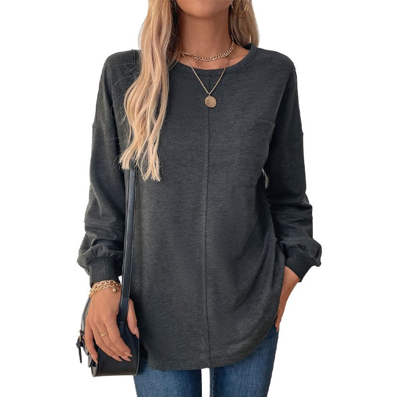 Women's Long Sleeve Blouse Spring/Fall Deep Gray Plain Knitted Crew Neck Daily Going Out Casual Top