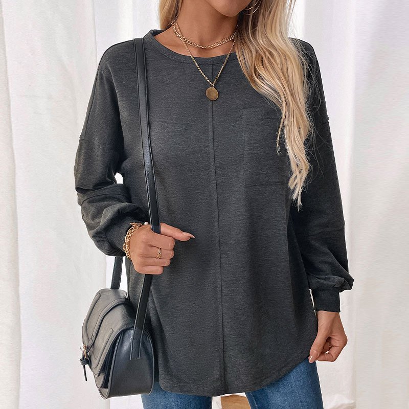 Women's Long Sleeve Blouse Spring/Fall Deep Gray Plain Knitted Crew Neck Daily Going Out Casual Top