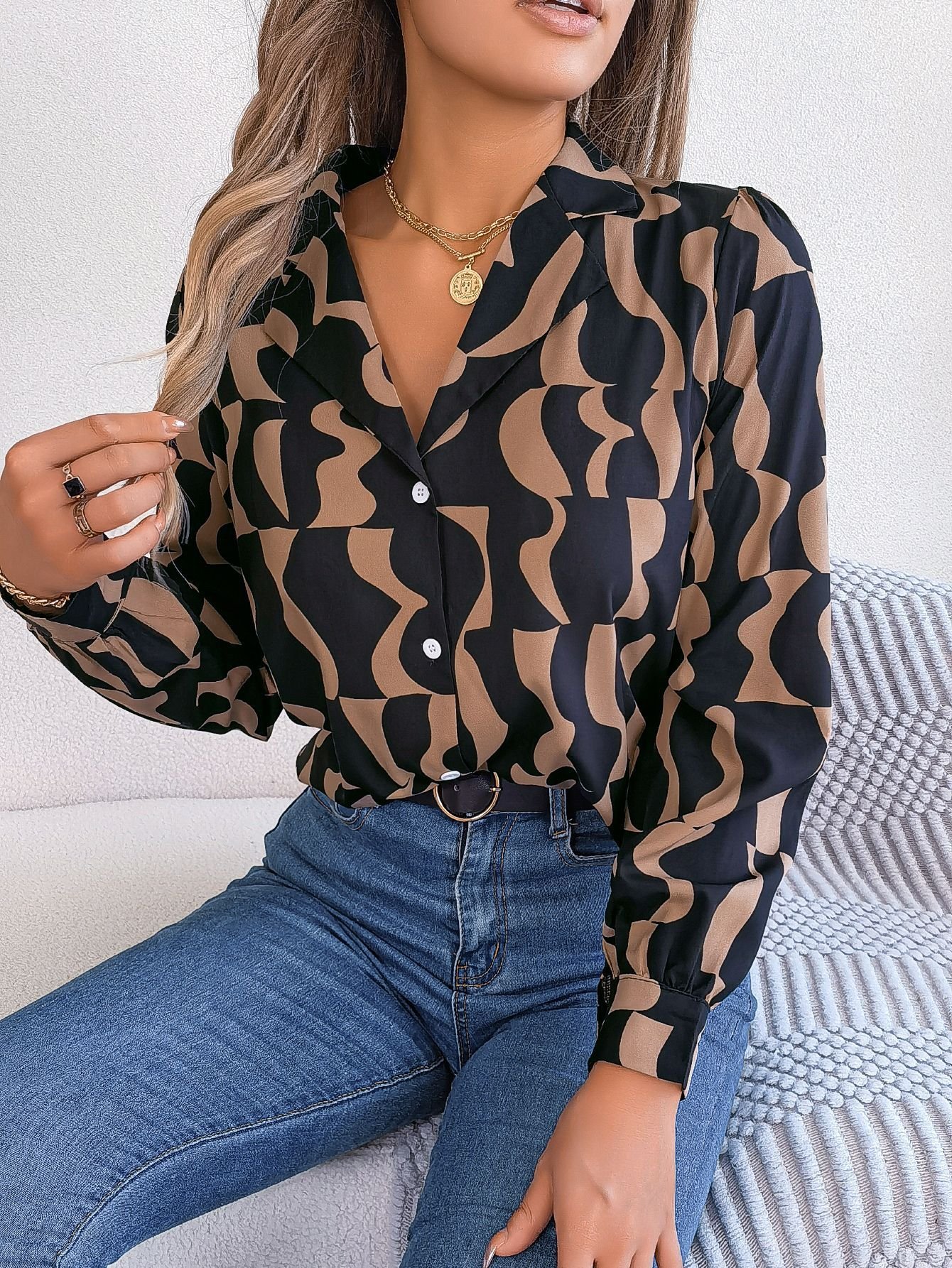 Women's Long Sleeve Shirt Spring/Fall Coffee Geometric Buckle Shirt Collar Daily Going Out Casual Top