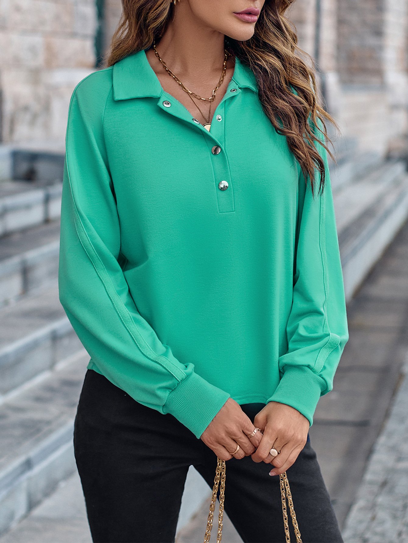 Women's Blouse Summer Green Plain Buckle Shirt Collar Daily Going Out Casual Top