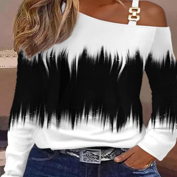 Women's Long Sleeve Blouse Spring/Fall White Color Block Metal Asymmetrical Collar Going Out Casual Top