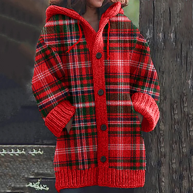 Merry Christmas Plaid Pattern Knitted Cardigan Sweater