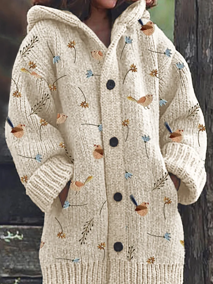 Birds Floral Embroidery Pattern Cozy Knit Hooded Cardigan