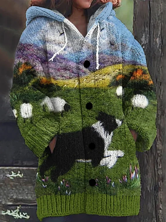 Fun Shepherd Dog With Sheep Vintage Cozy Knit Cardigan