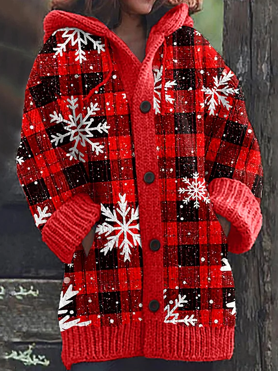 Merry Christmas Snowflake Check Pattern Knitted Cardigan Sweater