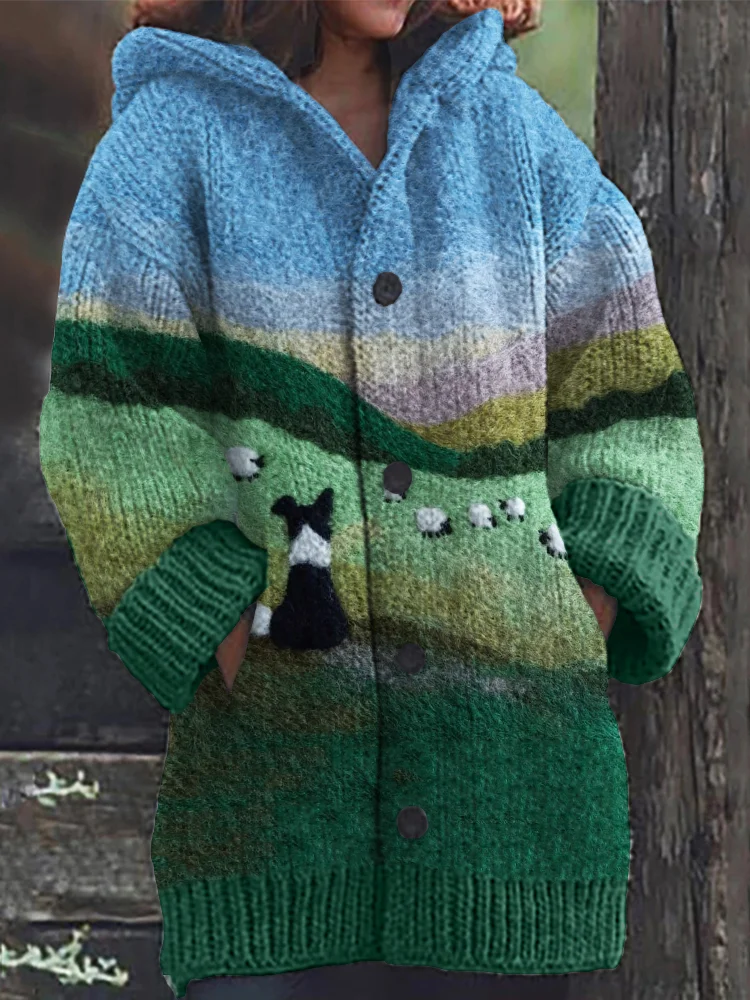 Border Collie & Sheep Landscape Felt Art Cozy Hooded Cardigan